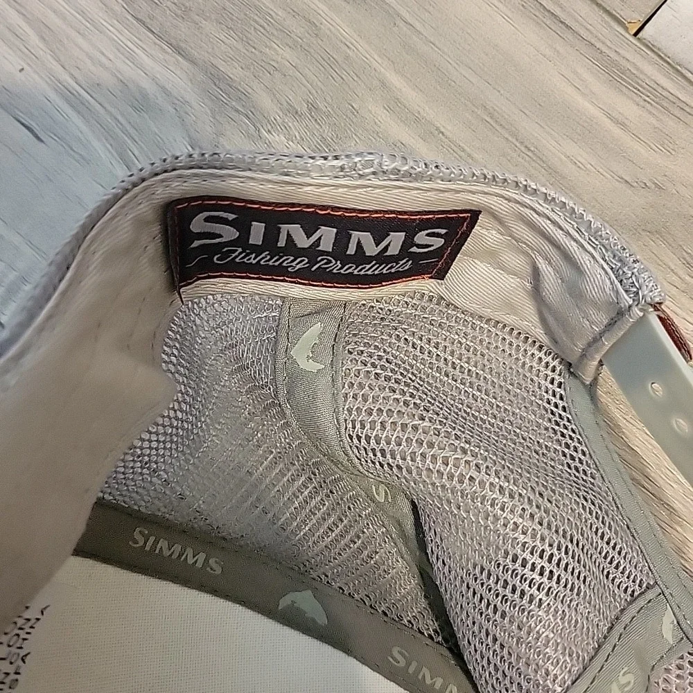 Simms Gray White Mesh Trucker Hat with Orange Trim Patch